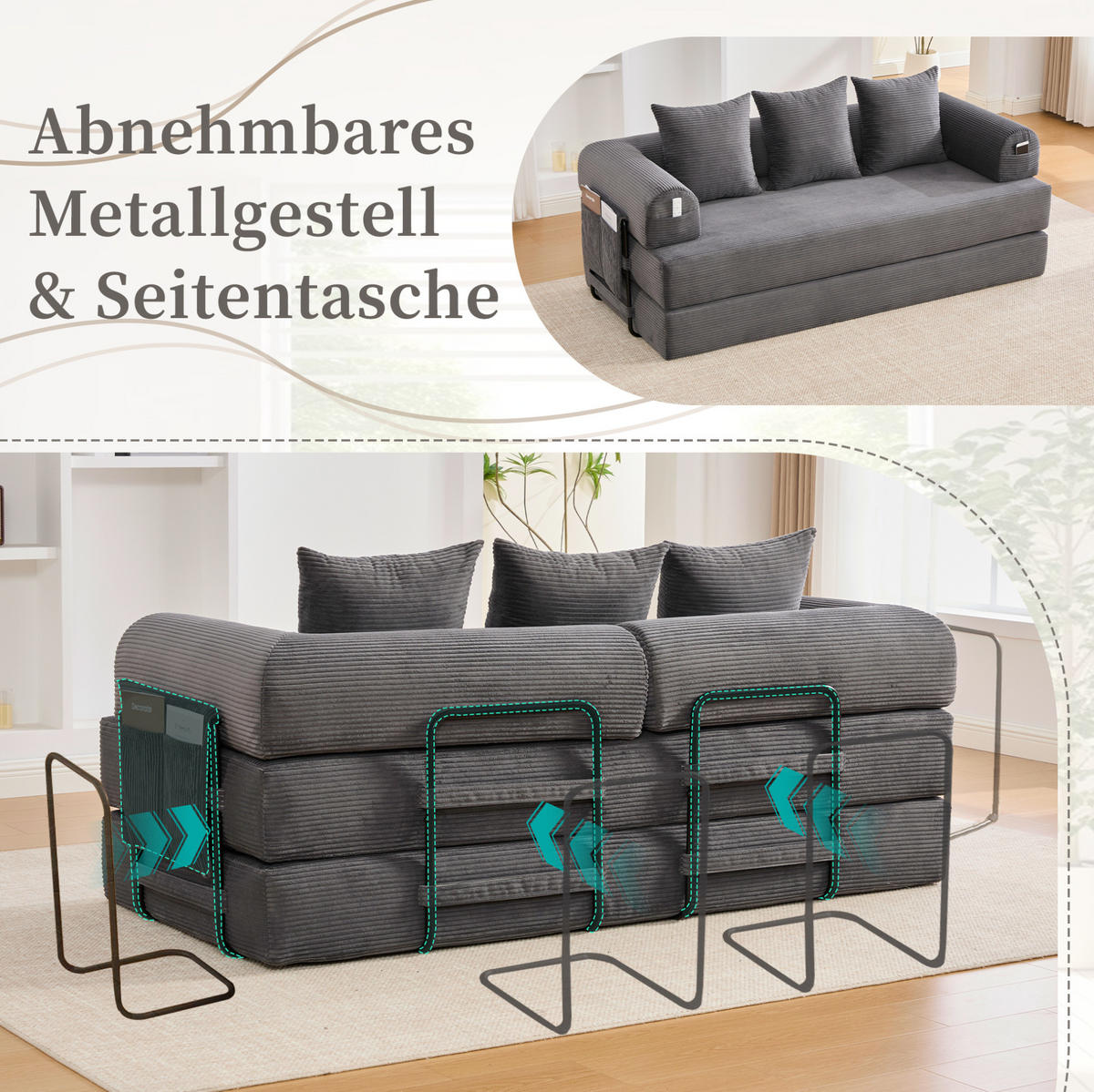 SOFA 200/94/67 cm aus Cord mit Metallgestell und 3 Kissen Dunkelgrau - Dunkelgrau, Textil (94/67/200cm) - Modenvie