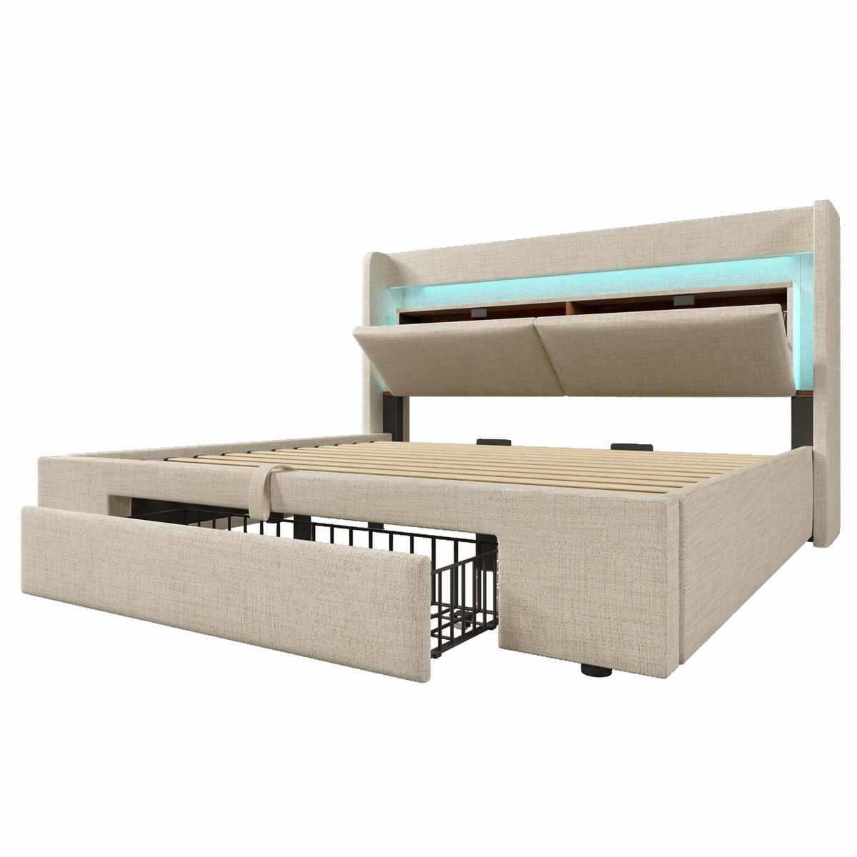 POLSTERBETT 180/200 cm Beige mit LED-Beleuchtung, 1 Schublade, Ablagefach sowie USB-/USB-C-Anschlüssen - Beige, Textil/Metall (180/200cm) - Homcomodar