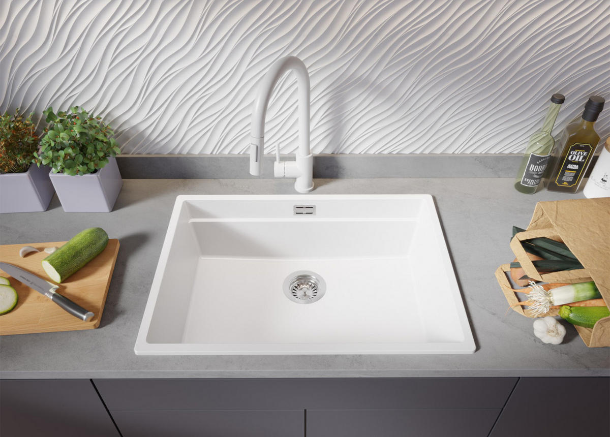 GRANITSPÜLE Praga Slim, 2-er set Weiß 66/47 cm 1 Becken + Küchenarmatur 40/20 cm + Ablauf-Set + Aufrollbare Abtropffläche ab 70er Unterschrank - Chromfarben/Weiß, Kunststoff (66/20/47cm) - Primagran