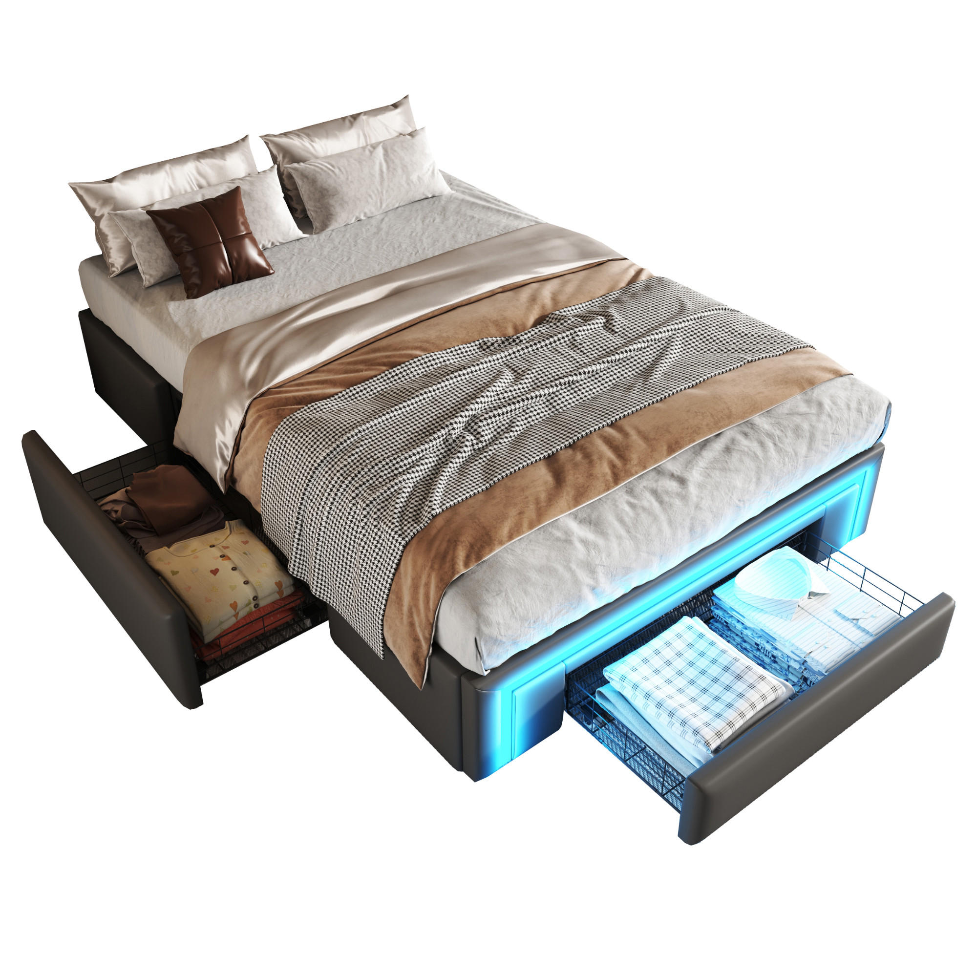 SHOPENTRA RÁM postele 90/200 cm, šedý, PU, se zásuvkami, LED