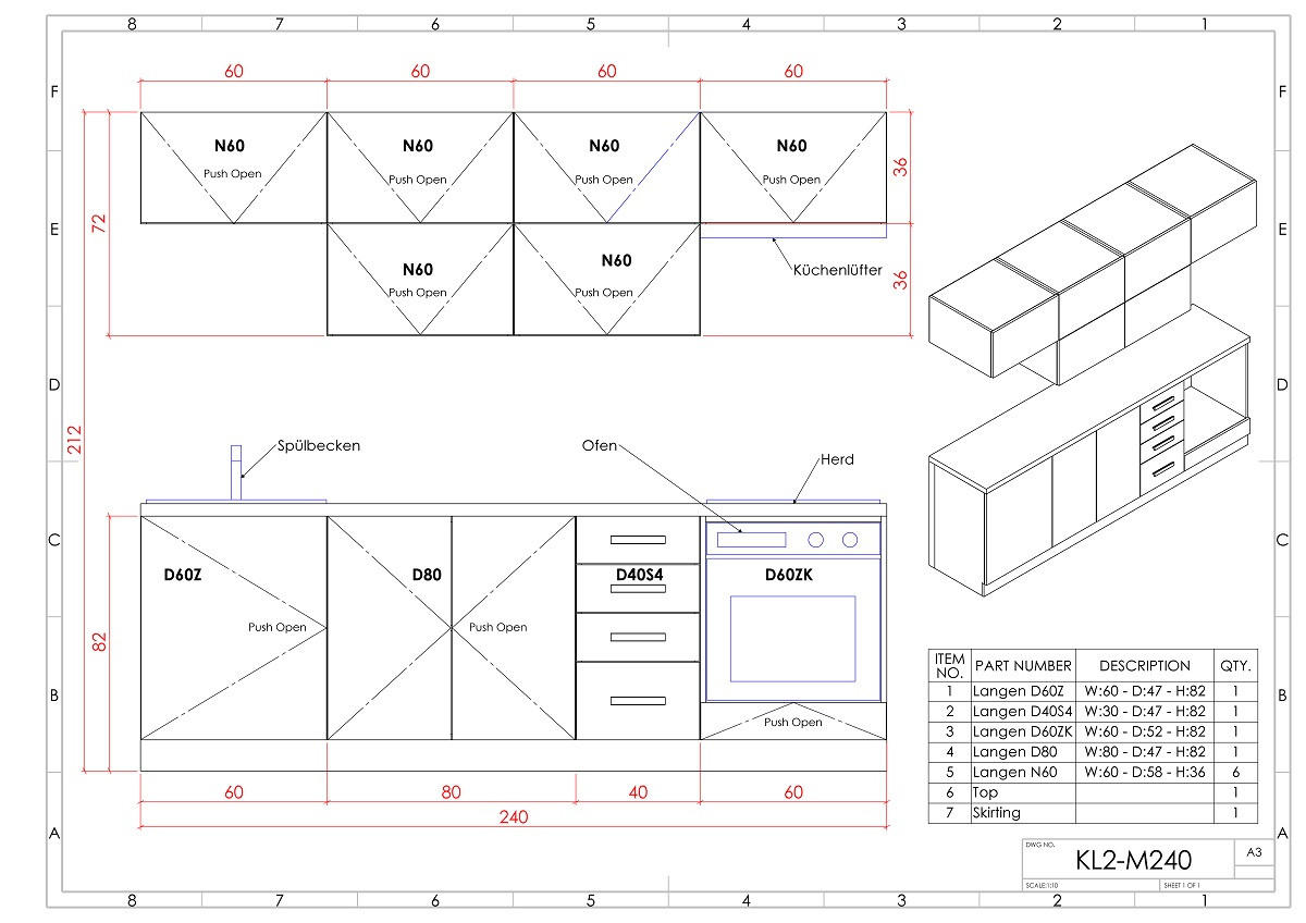 KÜCHENZEILE 240 - Langen KL2-M240 in Beige/Matt - Beige/Schwarz, Holz/Metall (240/212/58cm)