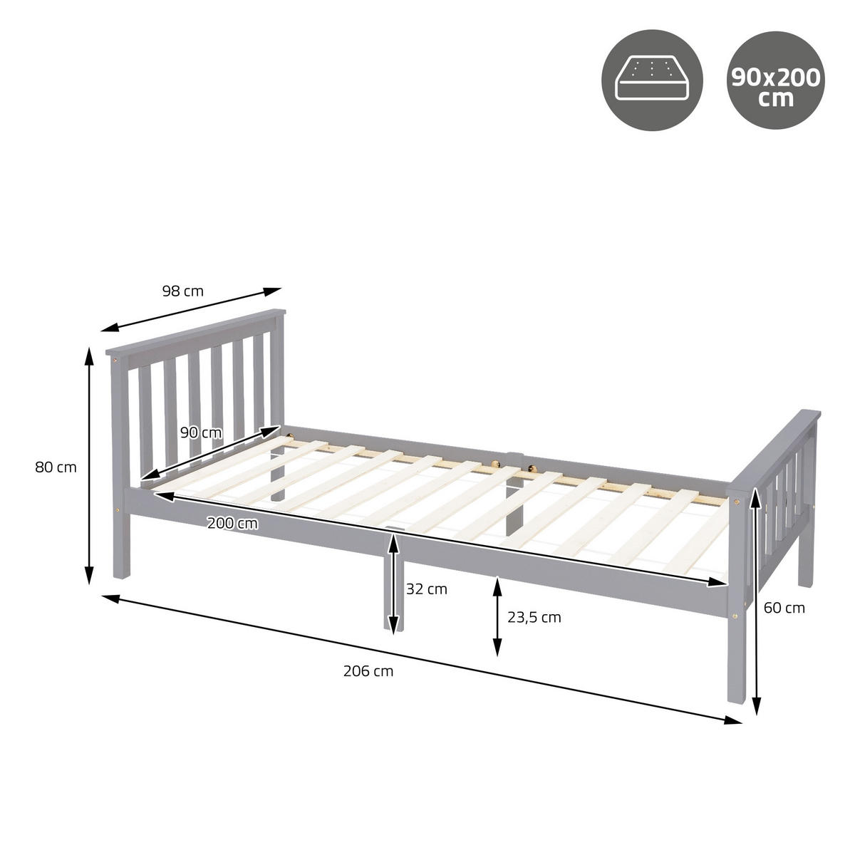 DŘEVĚNÁ POSTEL 90x200 cm světle šedé borové dřevo s roštem a matrací H10 cm - světle šedá, dřevo (90/200cm) - ML-DESIGN