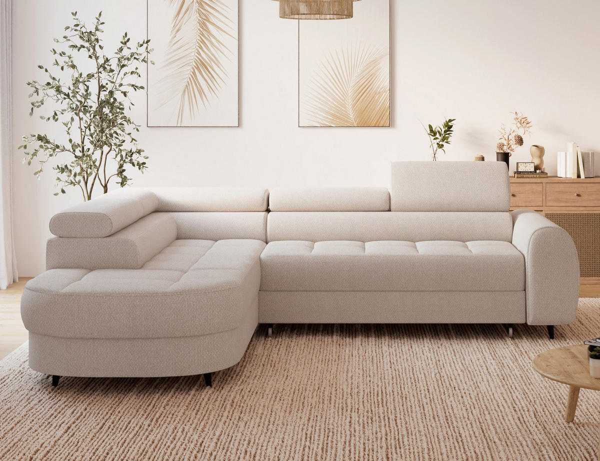 ECKSOFA Vesteria mit Schlaffunktion und Bettkasten – Modernes Design, verstellbare Kopfstützen und hoher Sitzkomfort - Beige, Kunststoff (279/72cm) - Wohnideebilder