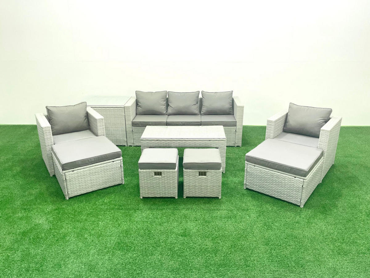 BALKONMÖBEL-SET Polyrattan Hellgrau-Mix 8-teilig - Hellgrau/Grau, Glas/Kunststoff - Fimous