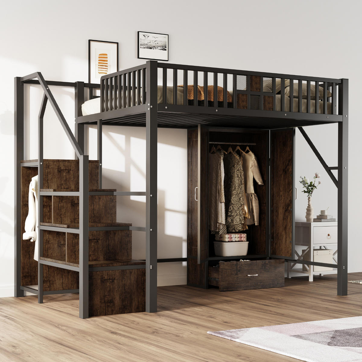 HOCHBETT 140/200 cm in Schwarz mit Kleiderschrank und Aufbewahrungsleiter - Schwarz, Metall (140/200cm) - Flora Grace