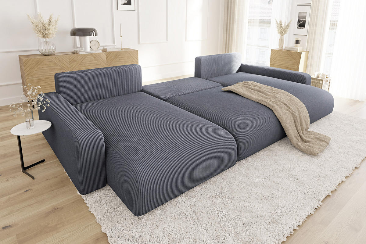 WOHNLANDSCHAFT Emma Grau Cord - Schwarz/Grau, Holz/Kunststoff (332/170cm) - S-Style Möbel
