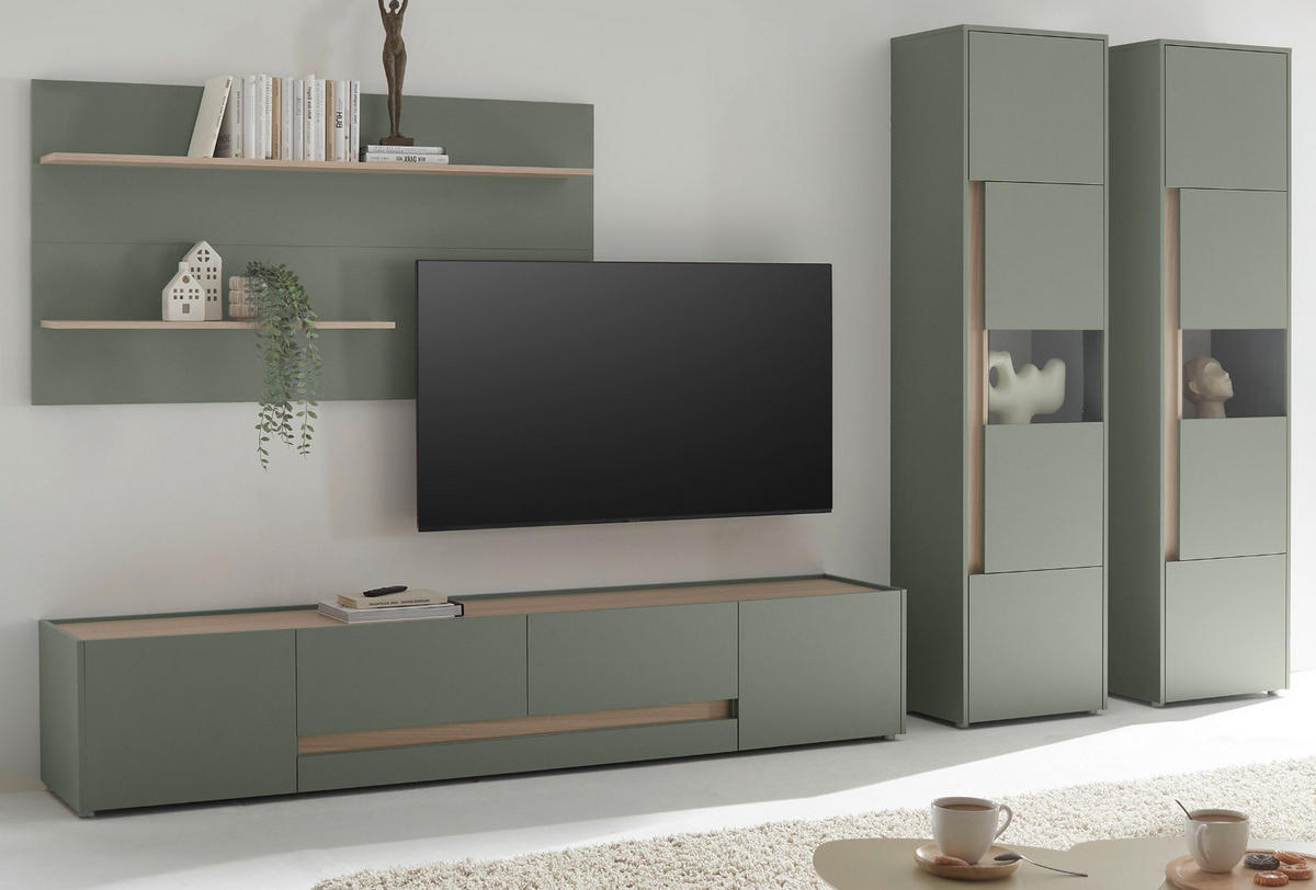 WOHNWAND Salbei grün, Eiche Barista Set 4-teilig, Wohnkombination mit XL-TV-Schrank 400 cm - Salbeigrün/Eichefarben, Glas/Holzwerkstoff (400/197/45cm) - Furn.Design