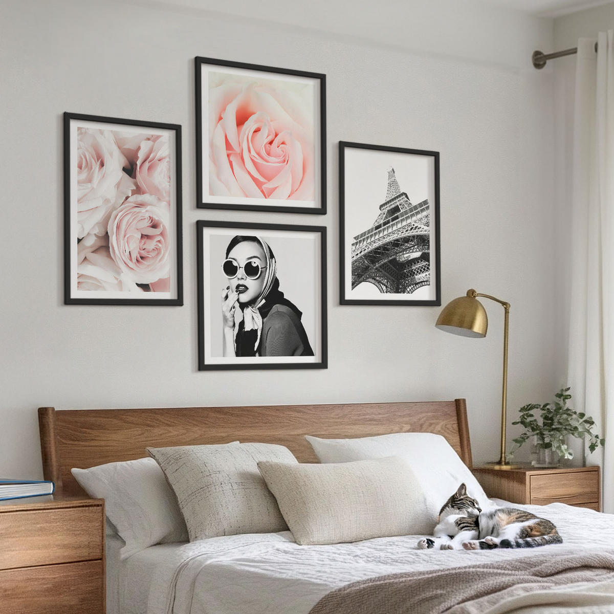 WANDBILDER 4er-Set - 50x50 cm & 40x60 cm Schwarzer Rahmen - Eiffels Porträt einer Frau mit Rosen - Schwarz, Kunststoff (50/50cm) - ArtPrintCave