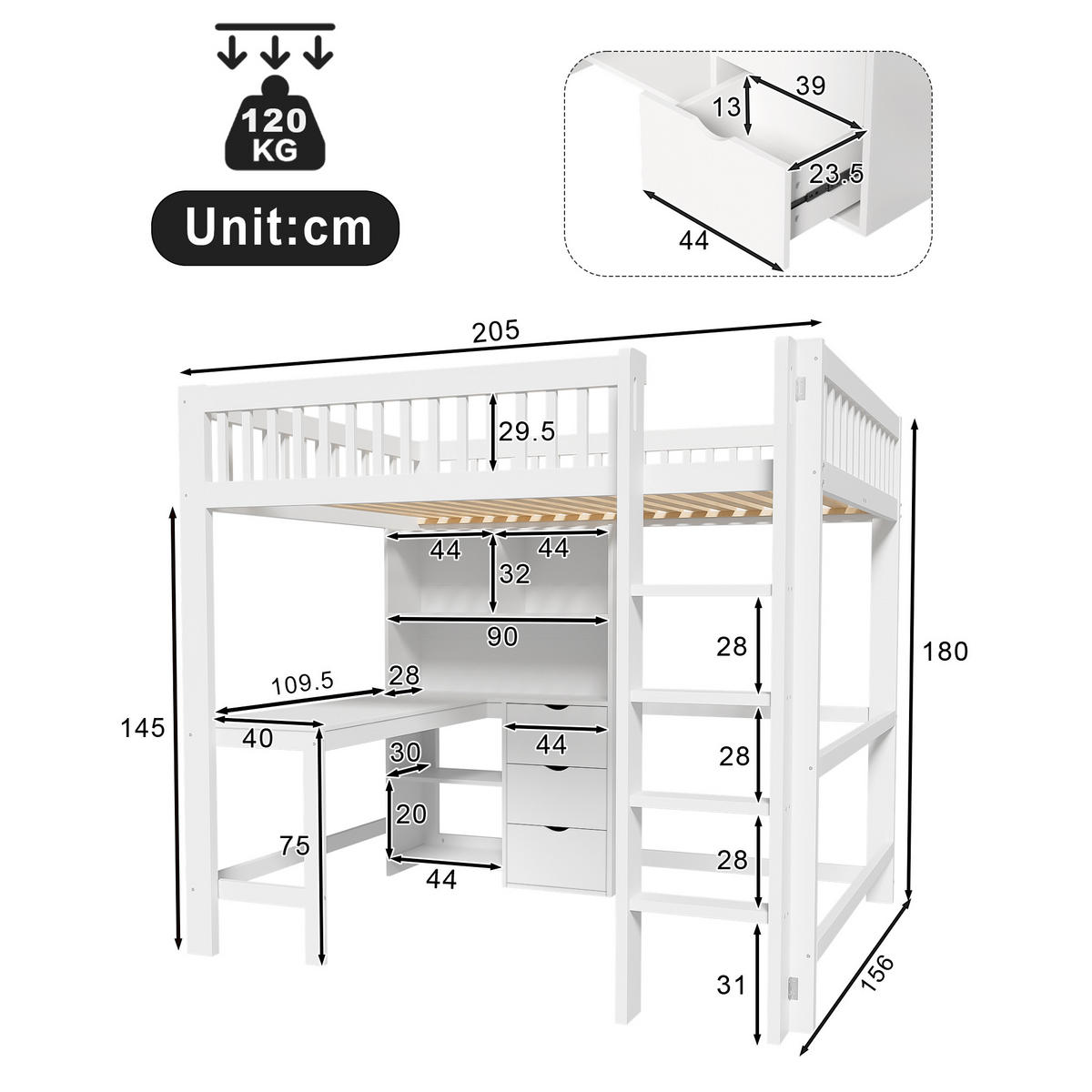 HOCHBETT 140/200 cm Weiß mit Schreibtisch und 3 Schubladen - Weiß, Holz (140/200cm) - OKWISH