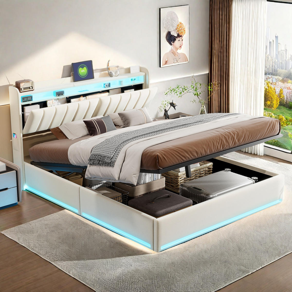 ČALÚNENÁ posteľ 140x200cm béžová zamatová LED úložná jednotka s USB - béžová, kov (140/200cm) - SHOPENTRA