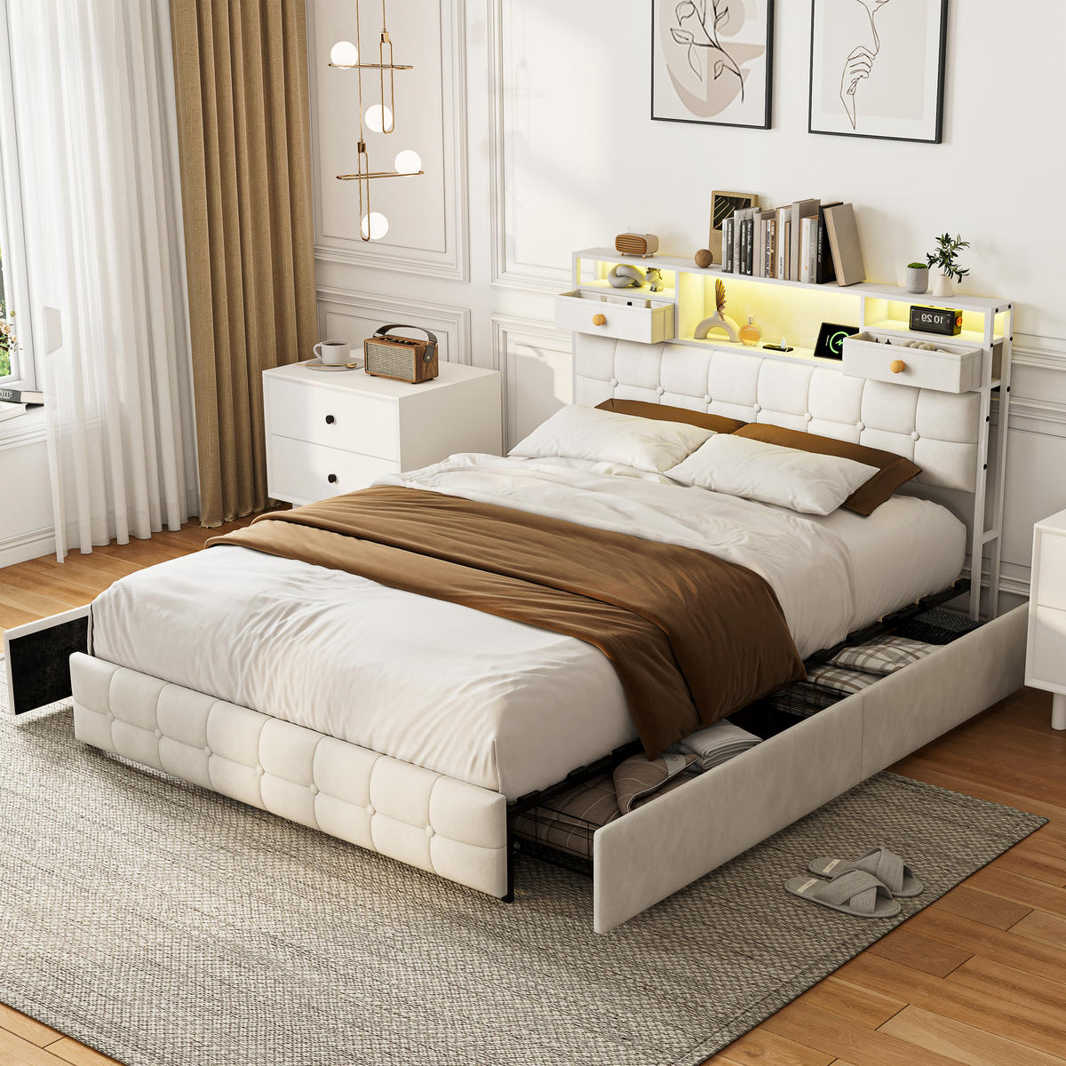 POLSTERBETT 140x200 cm mit 4 Schubladen, LED und USB-/Typ-C-Anschlüsse, Samt in Beige - Beige, Holz (140/200cm) - BRILVERDE