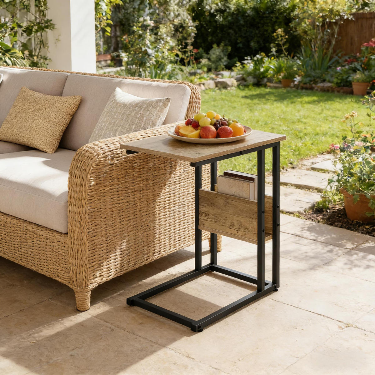 BEISTELLTISCH DE-37211 C-Form mit Seitenregal Natur - Naturfarben, Metall (36/55/59.5cm) - ComfortXL