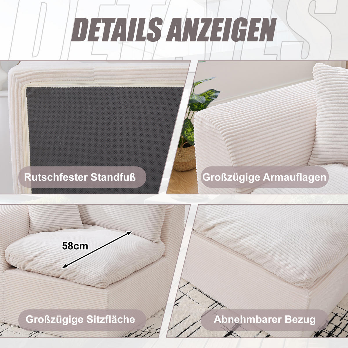 SESSEL Cord-Sofa mit Federkern-Polsterung und Kissen, Montagefrei - Beige, Textil (101/84/102cm) - Urban Meuble