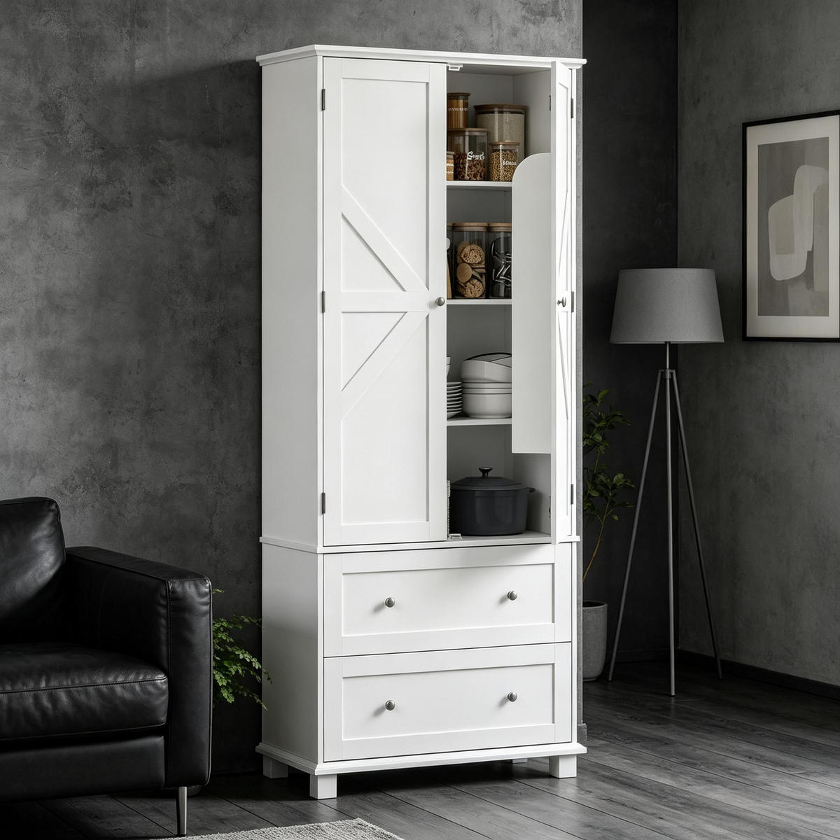 HIGHBOARD DE-38827 80/39,5/184,5 cm 2 Türen und 2 Schubladen Weiß - Weiß, Holzwerkstoff (80/184.5/39.5cm) - ComfortXL