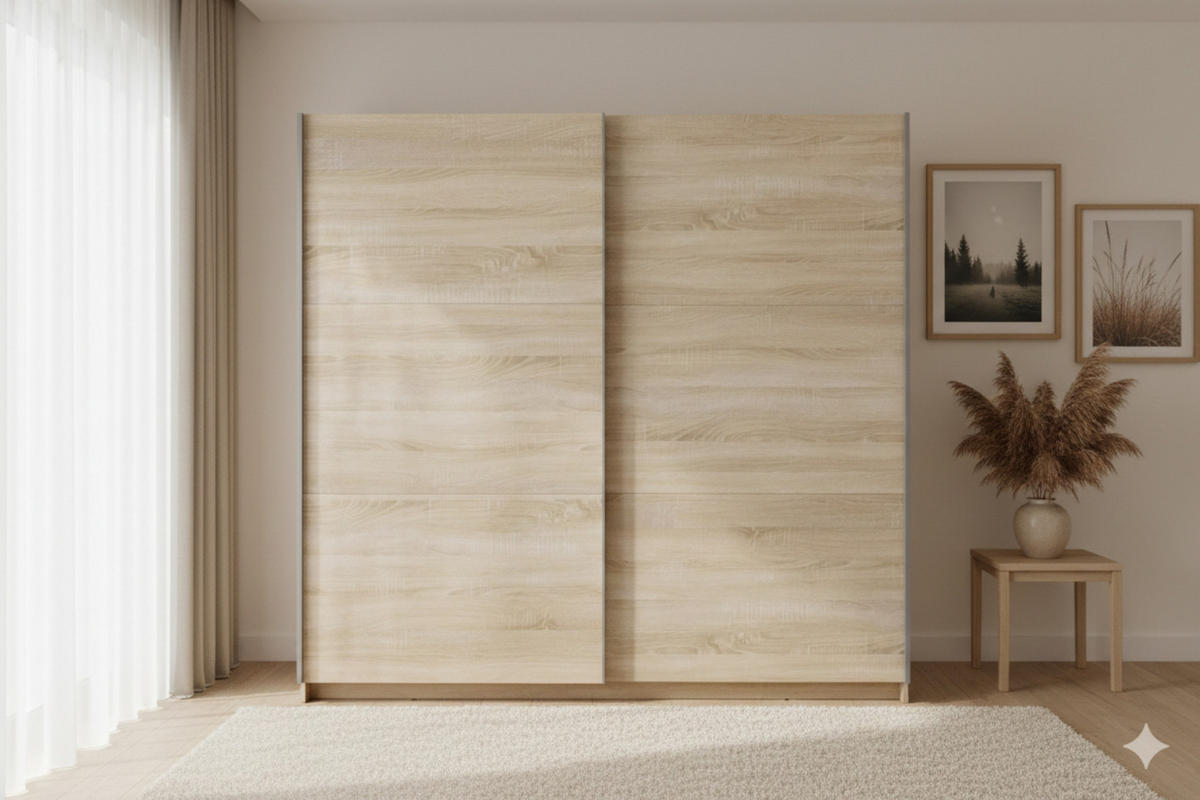 SCHWEBETÜRENSCHRANK ARLO II 200/207 cm in Eiche Sonoma - Eichefarben, Holzwerkstoff (201/59/207cm) - Deine Möbel 24