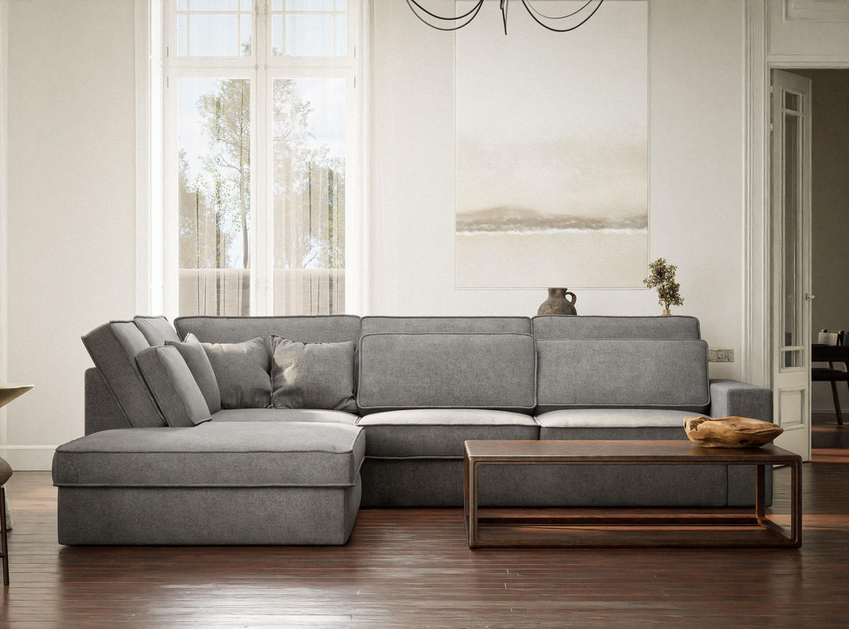 ECKSOFA Kirou Grau Chenille-Stoff - Links Seite - Schwarz/Grau, Holz/Holzwerkstoff (225/311cm) - Maison de Reve