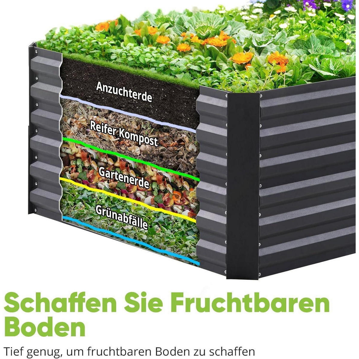 HOCHBEET Metall Grau 120 x 90 x 56 cm mit Tomatenkäfig - Schwarz, Metall (90/56/120cm)