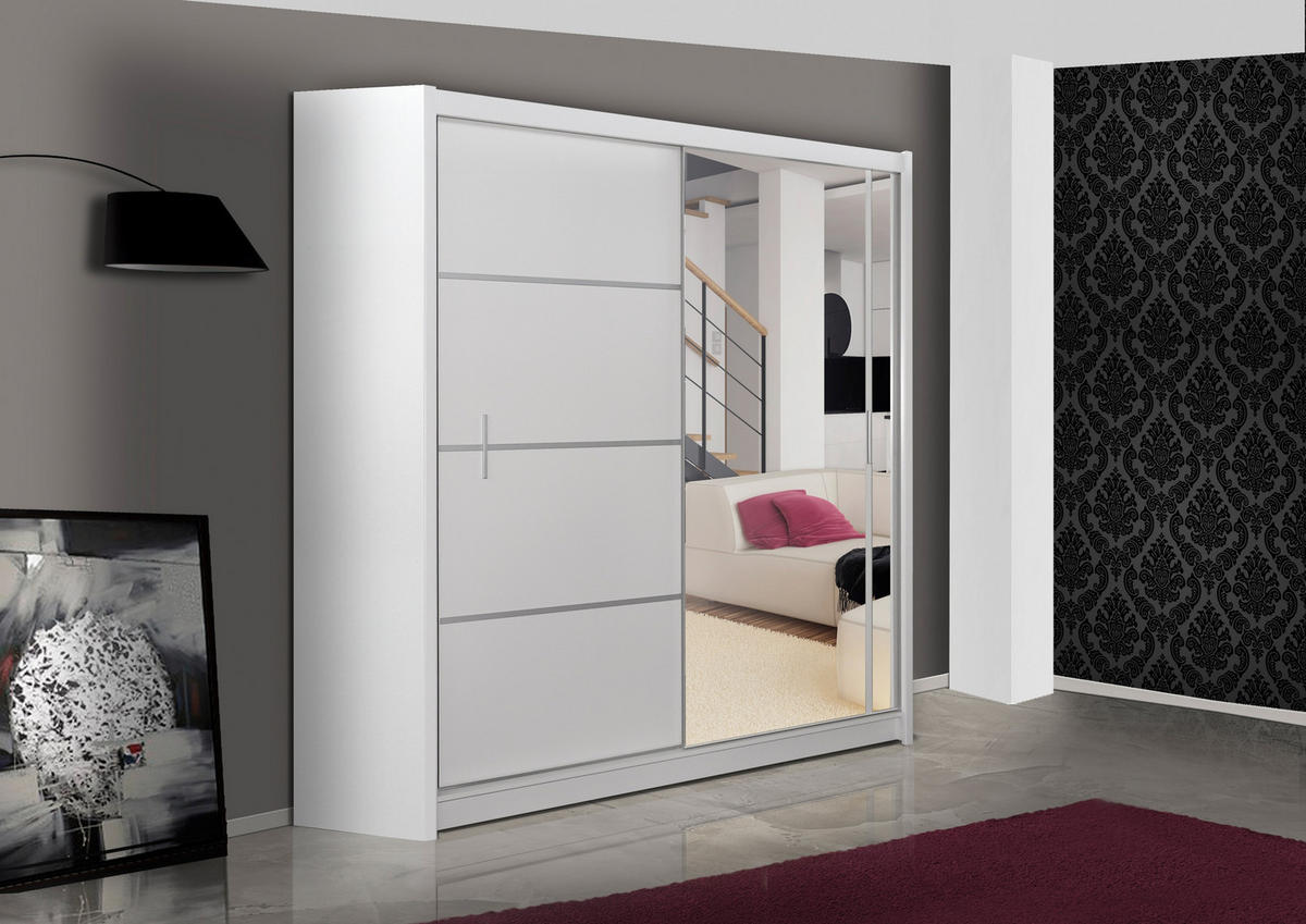 SCHWEBETÜRENSCHRANK NASUS 180/215/61 cm 2-türig mit Spiegel Weiß - Weiß, Holzwerkstoff (180/215/61cm) - MASSENO