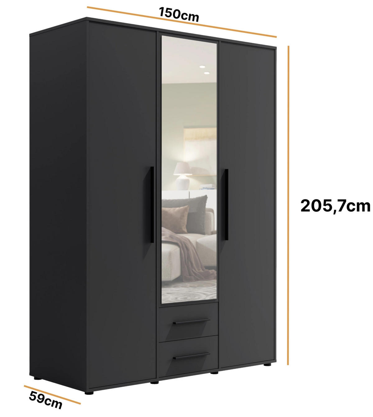 KLEIDERSCHRANK Modena 150cm mit Spiegel Schwarz - Schwarz, Holzwerkstoff/Kunststoff (150/206/59cm) - Ravio