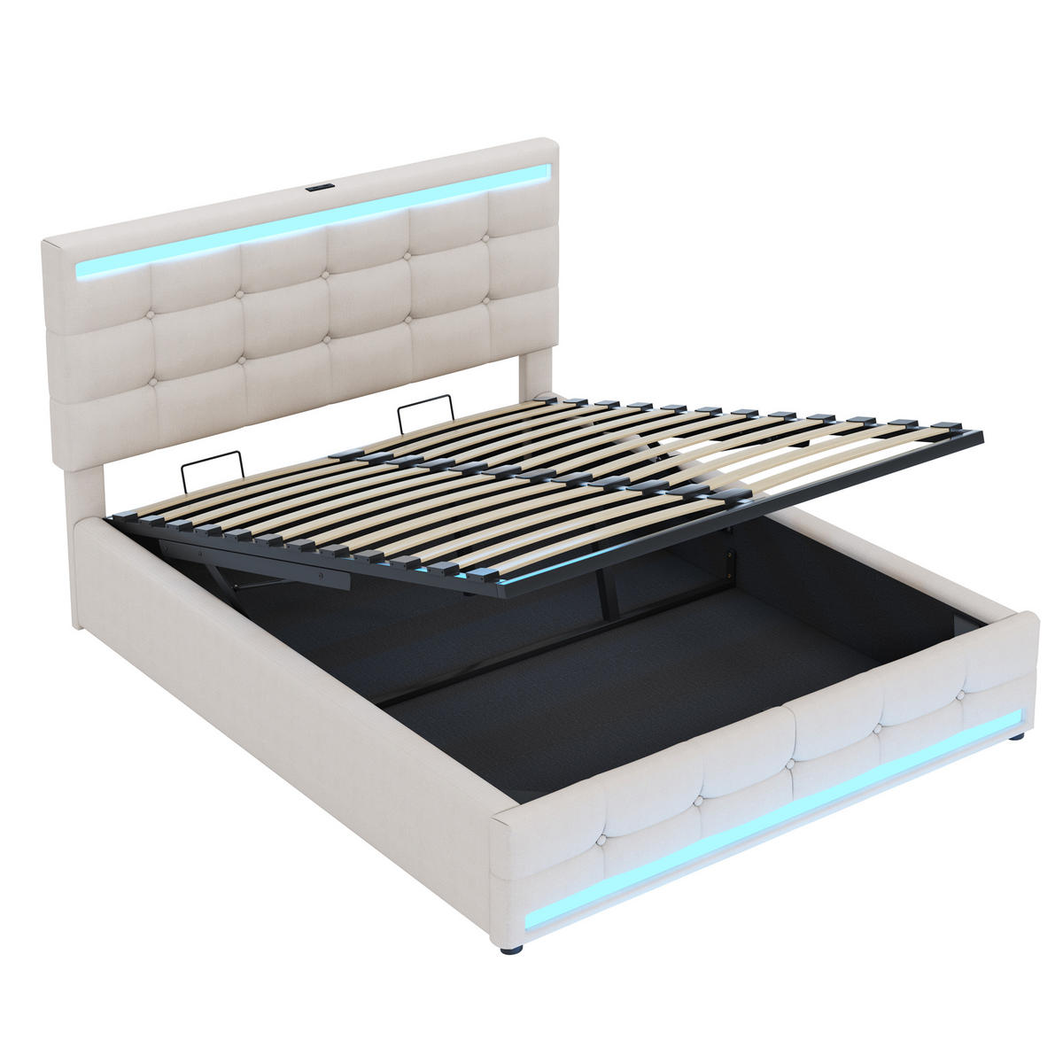 STAURAUMBETT 140/200 cm DE-01576, in Beige, mit LED-Beleuchtung, USB und hydraulischem Bettkasten - Beige, Metall (140/200cm) - ComfortXL