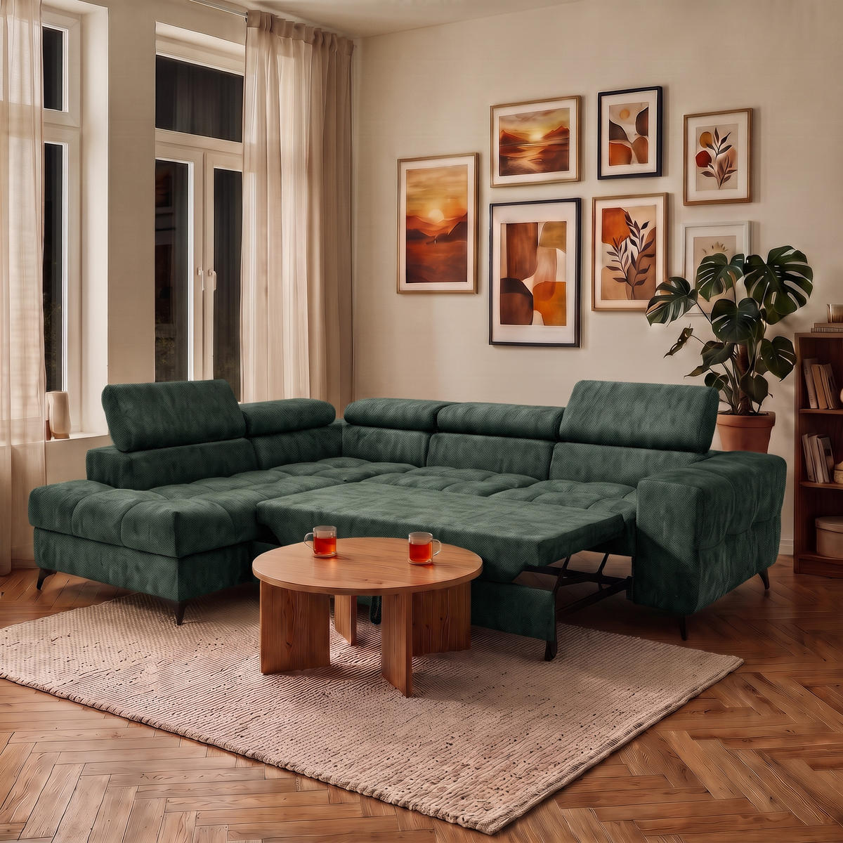 ECKSOFA PUDDING L Links mit Schlaffunktion 128x197 Velours Jadegrün - Jadegrün/Schwarz, Holz/Textil (270/204cm) - Muffo