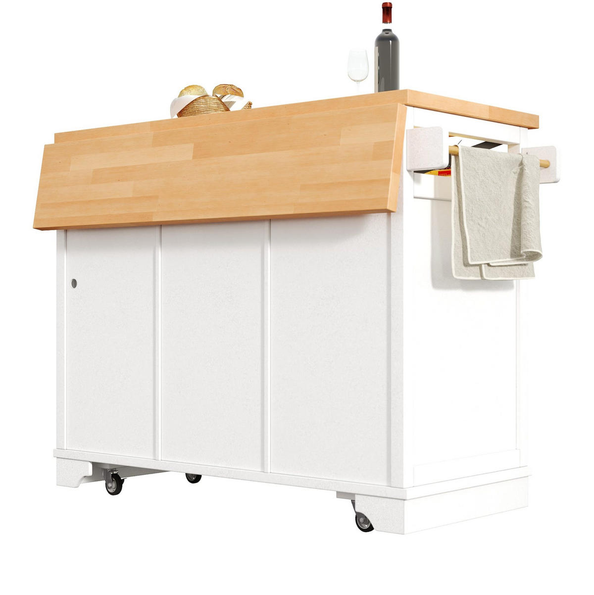 KÜCHENWAGEN 120/71/98 cm in Weiß mit Klapptisch und LED-Beleuchtung - Weiß, Holzwerkstoff (120/98/43cm) - Flora Grace