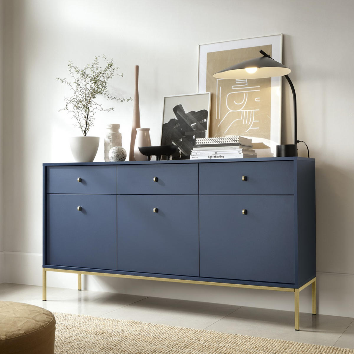 KOMMODE BARI K3D3SZ (Blau, Goldene Griffe, Goldenes Gestell, Schubladen) - Goldfarben/Dunkelblau, Holz/Holzwerkstoff (153/83/39cm) - Ravio