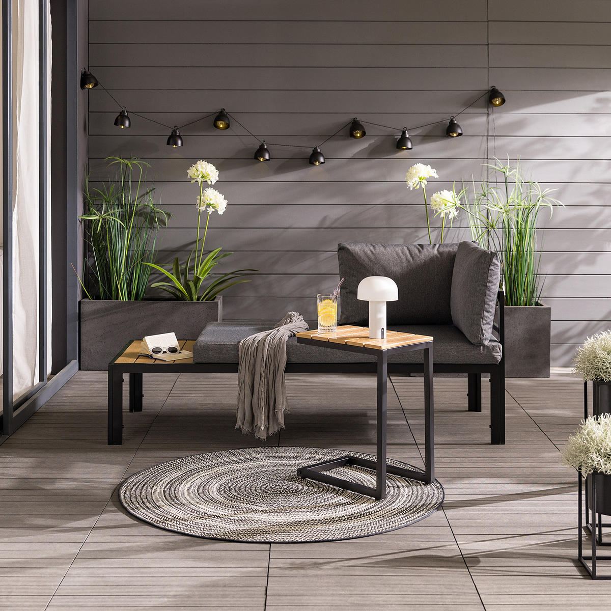 LOUNGESET - Polywood / Polyester - Grau - 2-teilig - Anthrazit/Braun, Holzwerkstoff/Textil - home24