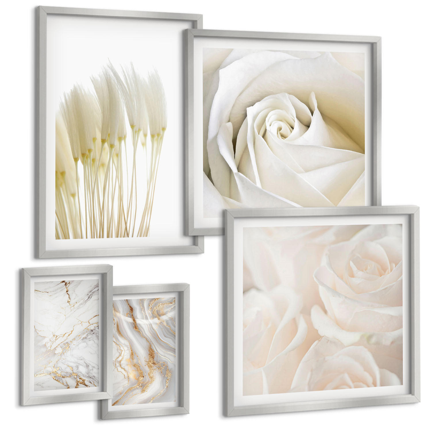 BILDER SET 5er Set - 50x50 cm & 20x30 cm & 40x60 cm Silberner Rahmen - Elegante Marmormuster - Silberfarben, Kunststoff (40/60cm) - TULUP