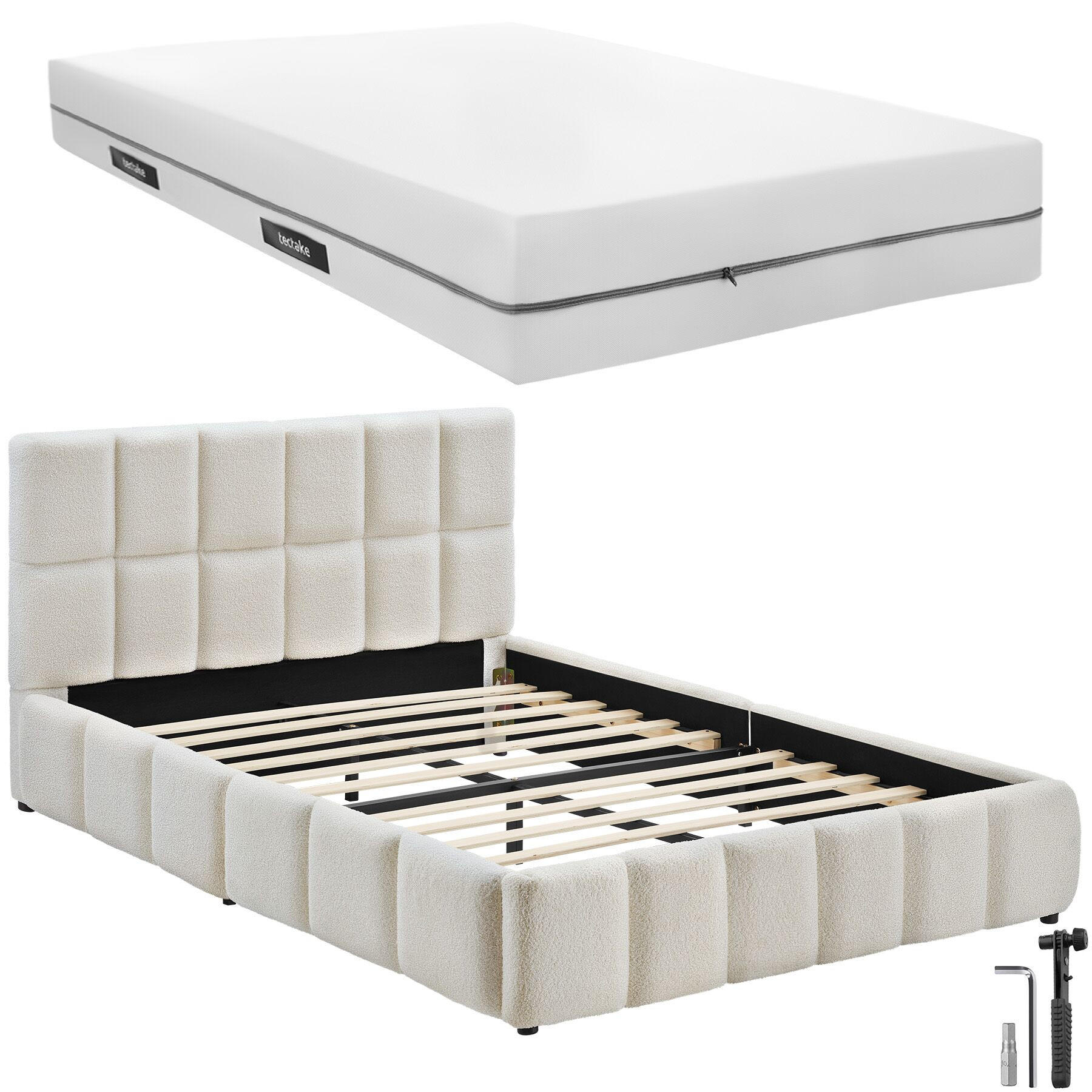 BETTSET , 250 kg Belastbarkeit, bodenschonende Kunststofffüße, Teddy creme - Creme, Holz (140/200cm) - tectake