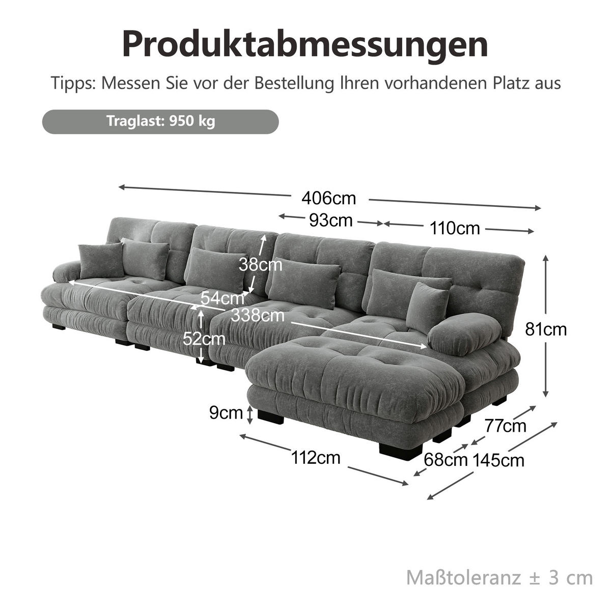ECKSOFA 406/145/81 cm Grau mit beweglichem Ottoman - Grau, Textil (406/145cm) - Oxeza