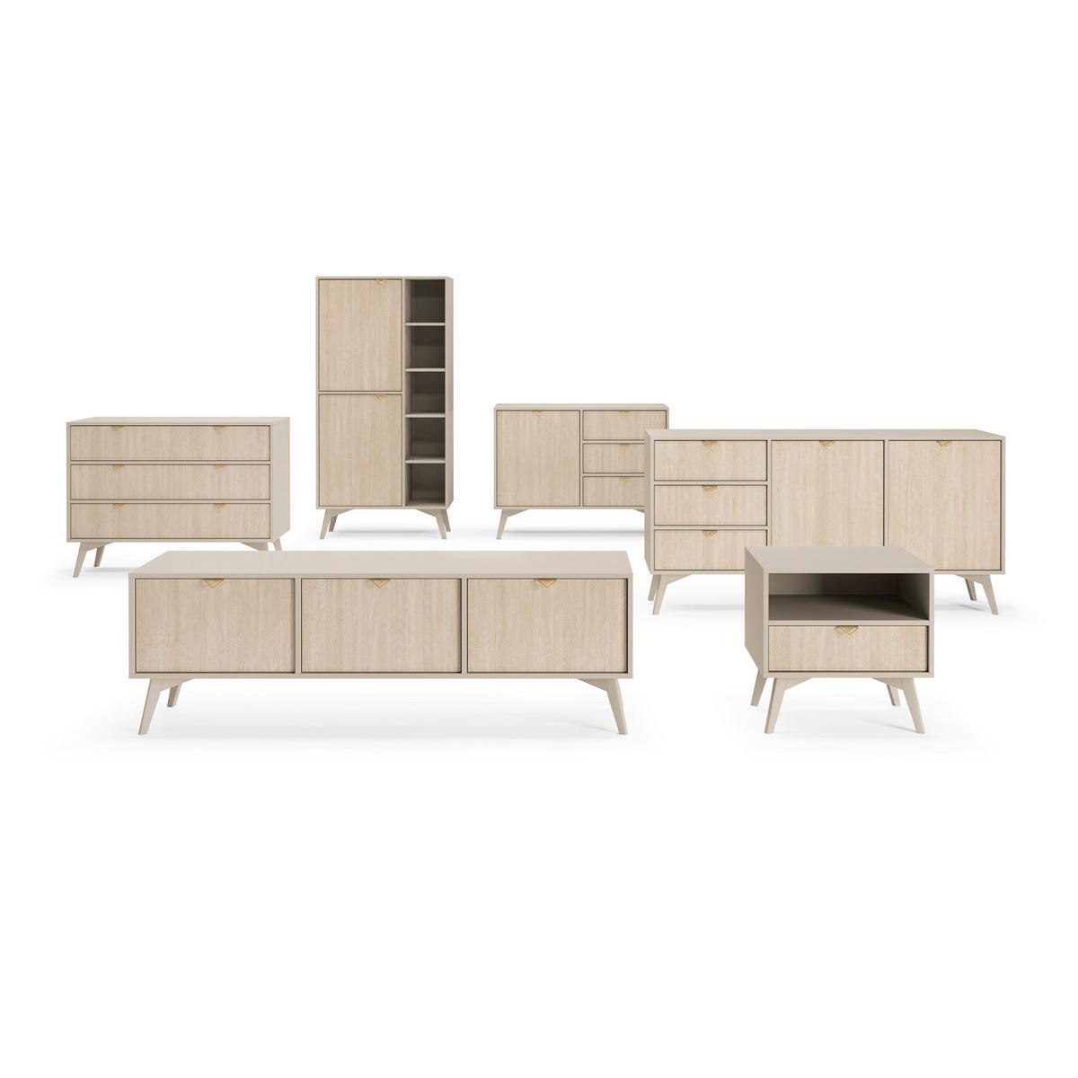 SIDEBOARD TOFINO KOM2-2D3S Holzbeine Beige Fischgrätenmuster - Eichefarben/Beige, Holz/Holzwerkstoff (158/80/38cm) - Komodee