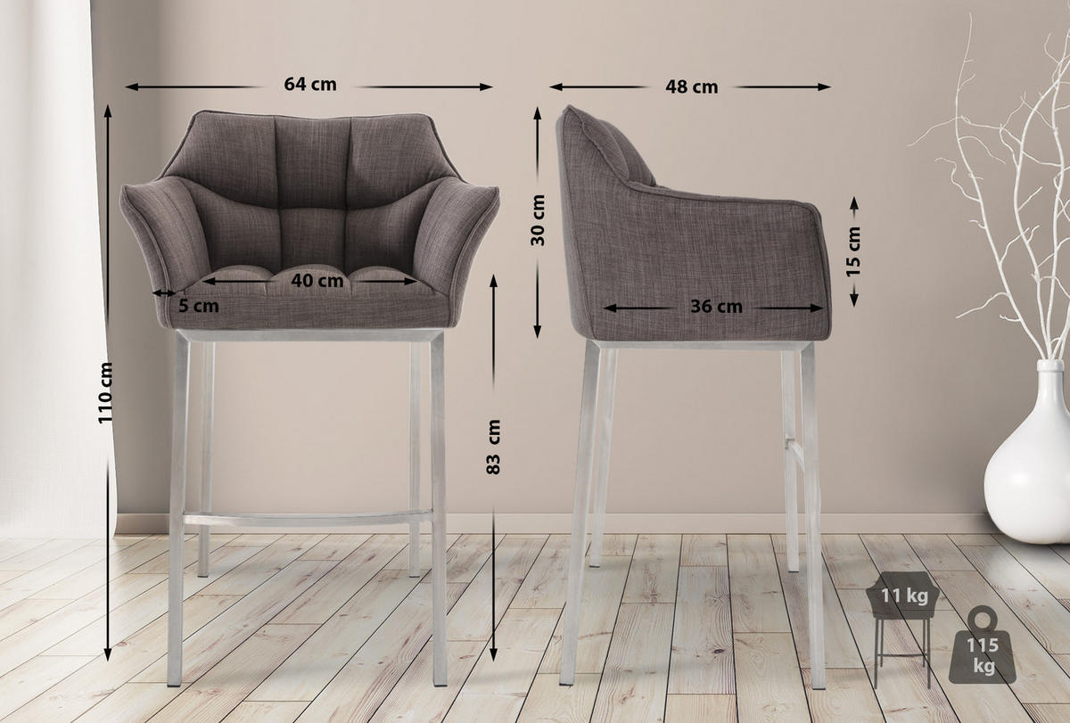 BARHOCKER Stoff grau - Edelstahlfarben/Grau, Textil/Metall (64/110/48cm) - CLP