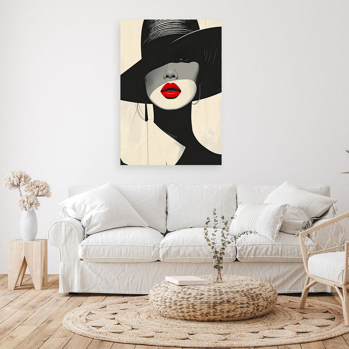 WANDBILD, Eine Frau mit schwarzem Hut und roten Lippen - Schwarz, Textil (60/90cm) - Feeby