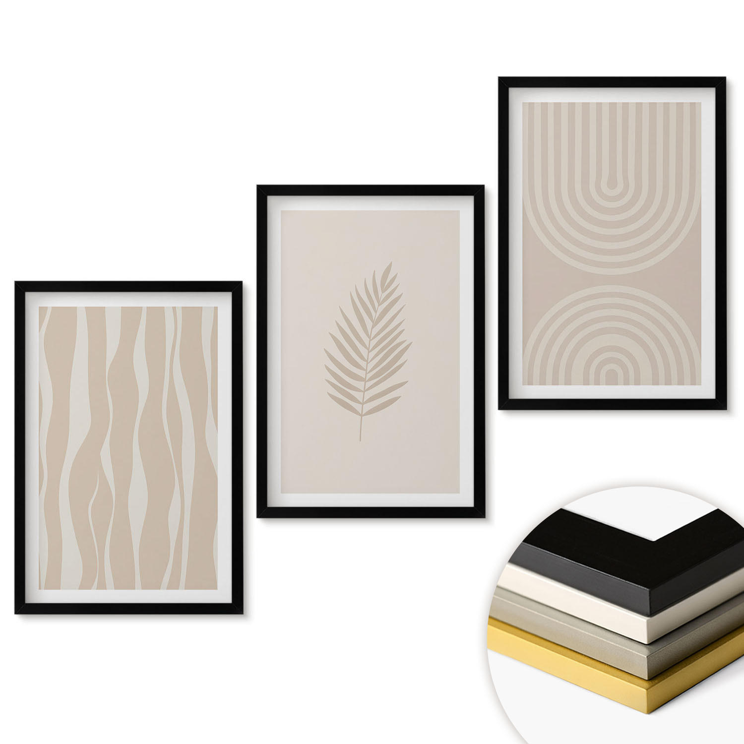 WANDBILDER 3er-Set - 40x60 cm Schwarzer Rahmen - Beige Pflanzenmuster - Schwarz, Kunststoff (40/60cm) - ArtPrintCave