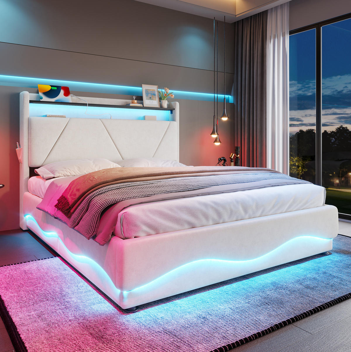 POLSTERBETT 160/200 cm mit LED-Beleuchtung, USB- und Type-C-Anschluss, Bettkasten und Regal, Beige - Beige, Textil (160/200cm) - Redom