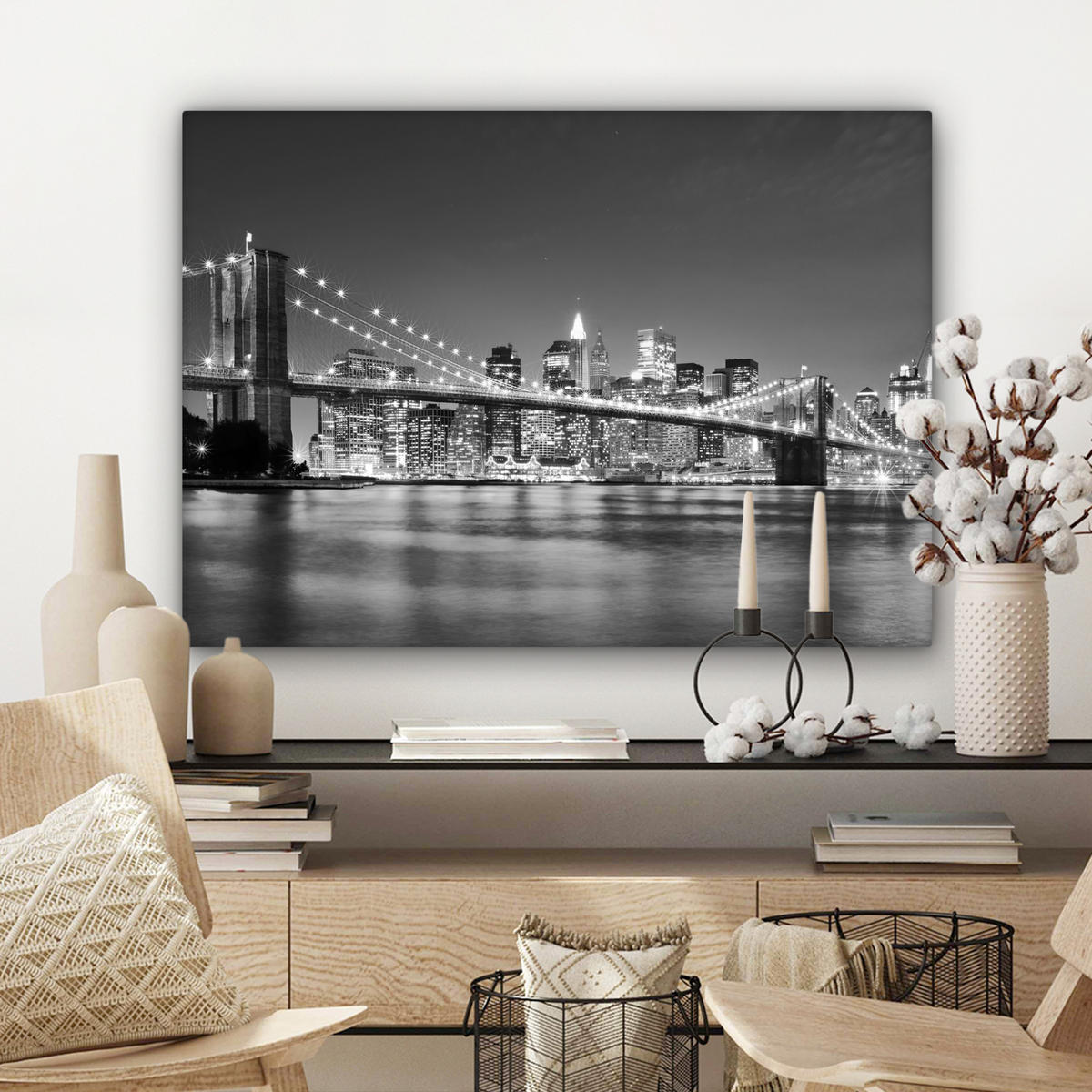 LEINWANDBILD - New York - Brücke - Brooklyn - Schwarz und weiß - Architektur - 80x60 - Malerei - Schwarz, Textil (80/60cm) - MuchoWow