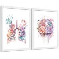 POSTER Set aus 2 Anatomie Mensch Drucke und mit Lungen Luftröhre Bronchien und Gehirn Pastellfarbenes Florales Aquarell Größe Weißer Rahmen A4 - Weiß, Papier (21/29.7/3cm) - Nacnic