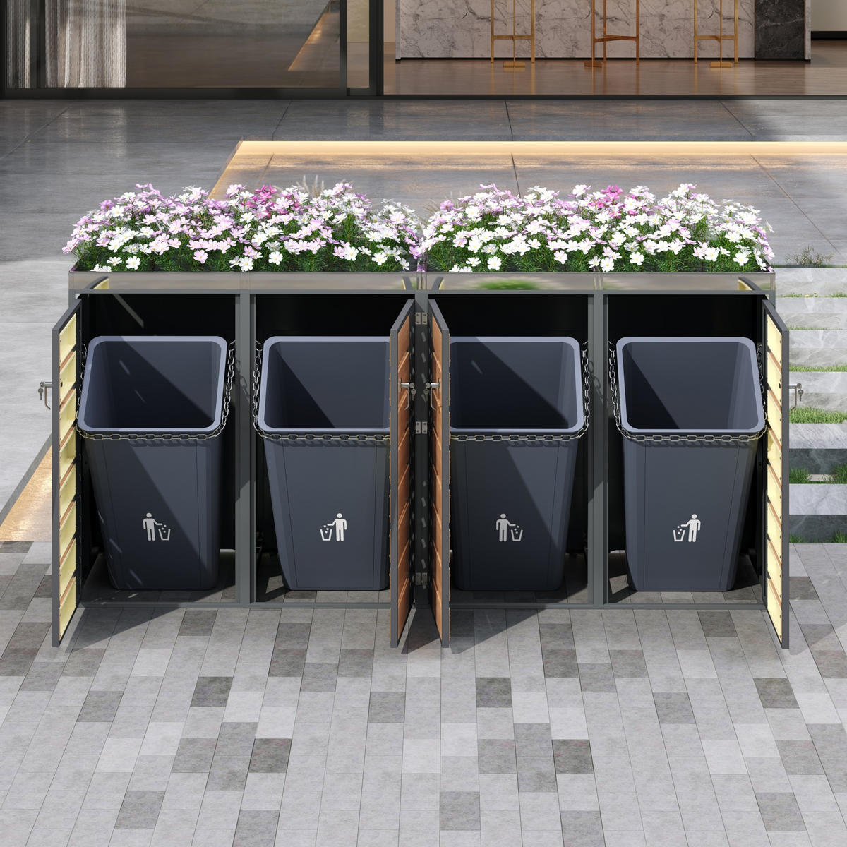 MÜLLTONNENBOX Mit Pflanzkasten 4 Fächern Abschließbar Holzoptik Belüftet Verzinkter Stahl - Grau, Metall (264/124/80cm) - PARAFTA HOME