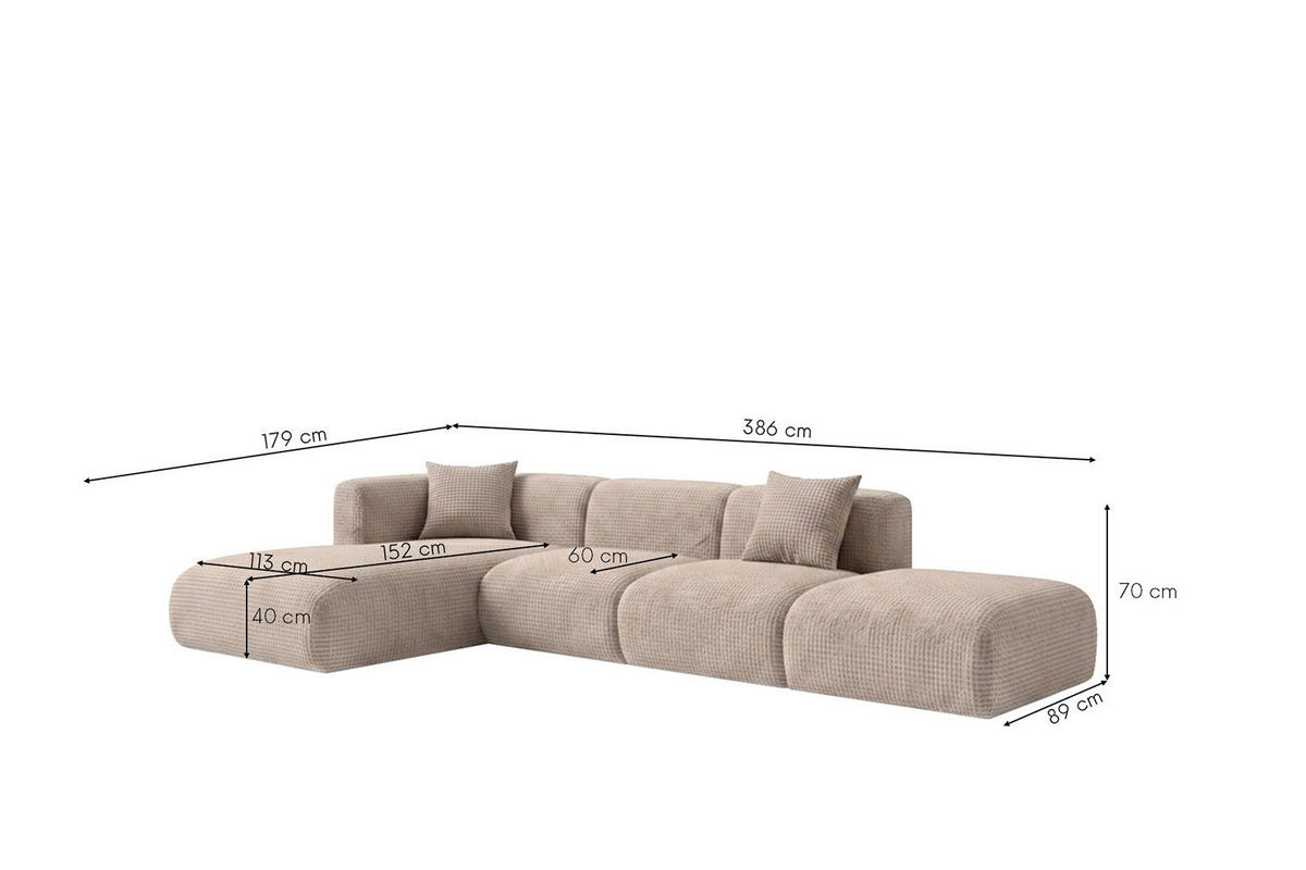 ECKSOFA L-Form mit Hocker, Chenille-Stoff Cremona, Beige, Links, GRETA - Beige, Holz (386/179cm) - Kaiser Möbel