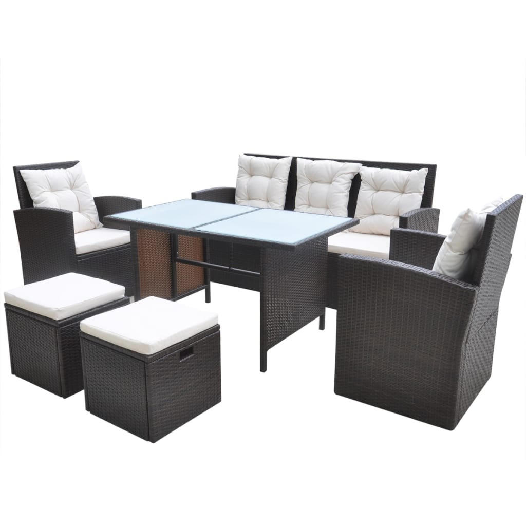 GARTEN-ESSGRUPPE 6-TLG MIT AUFLAGEN POLY RATTAN BRAUN - Creme/Braun, Naturmaterialien/Textil - vidaXL