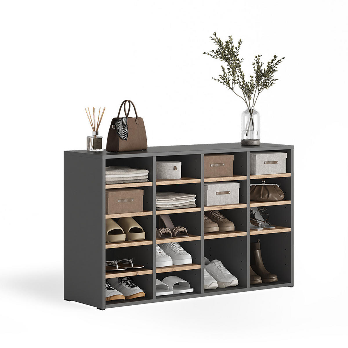 SCHUHSCHRANK Lysander, Anthrazit/Goldkraft Eiche, 104.2 x 65.5 cm mit 18 offenen Fächern - Honigeiche/Anthrazit, Holzwerkstoff (104.2/65.5/32.1cm) - Vicco