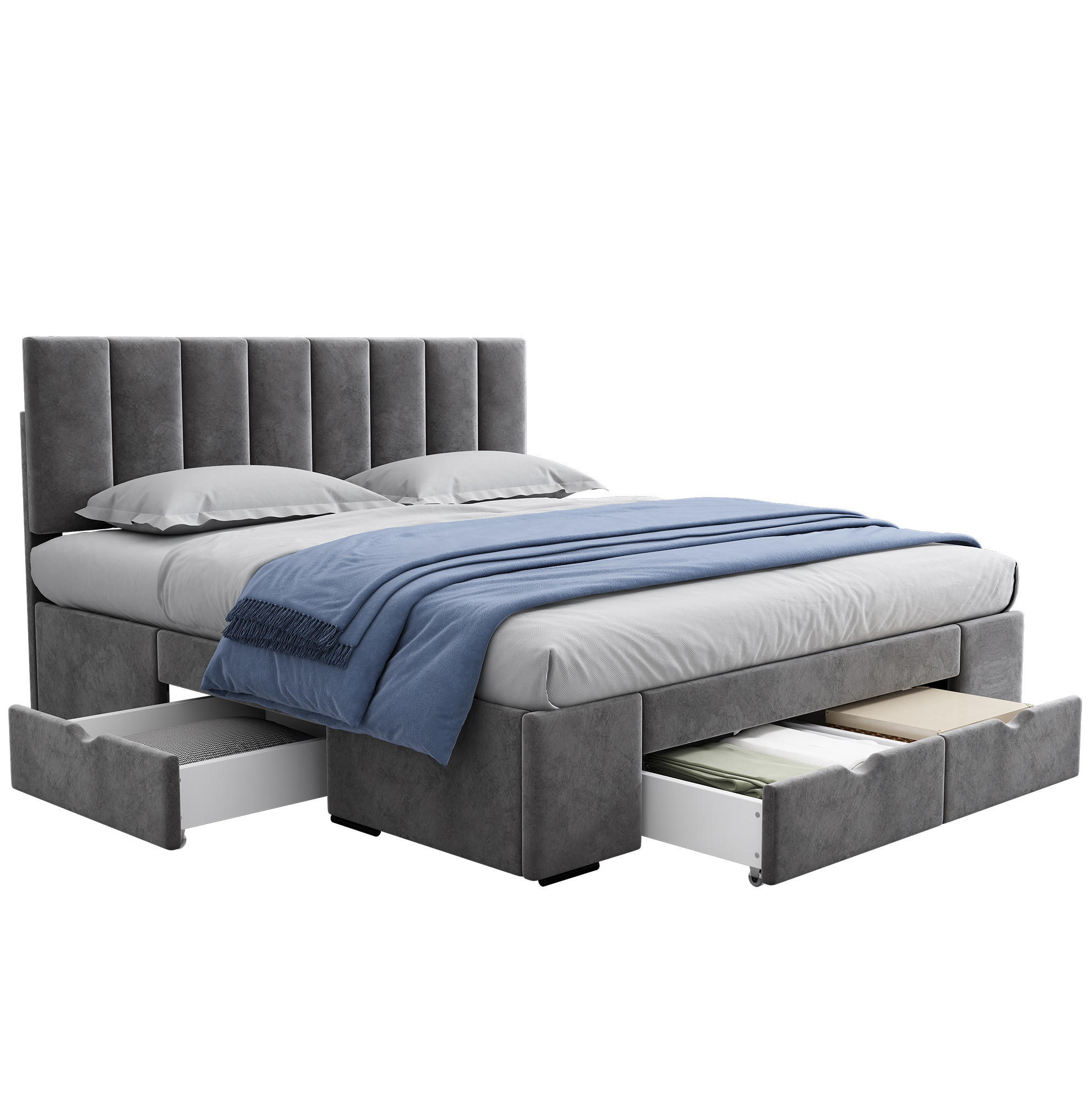 POLSTERBETT 160/200 cm mit Lattenrost, verstellbarem Kopfteil und 4 Schubladen aus Samt, Grau - Grau, Textil (160/200cm) - Redom