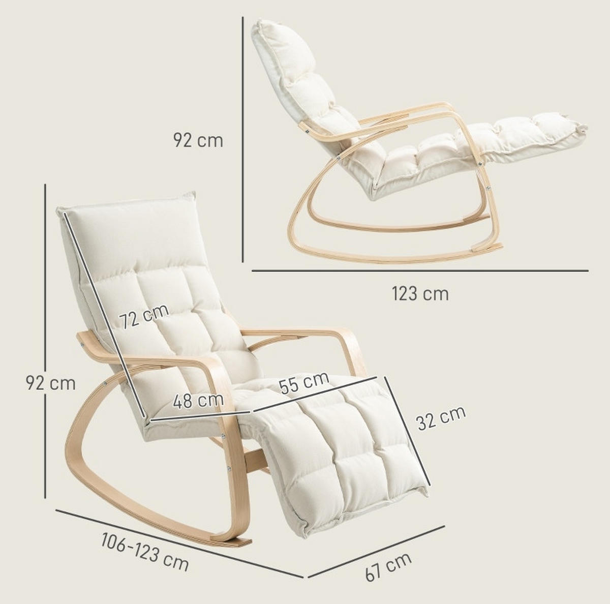 RELAX-SCHAUKELSTUHL 67/106-123/92 cm mit Fußstütze und Polsterung in Cremeweiß - Creme, Textil (67/92/106cm) - BEAOK
