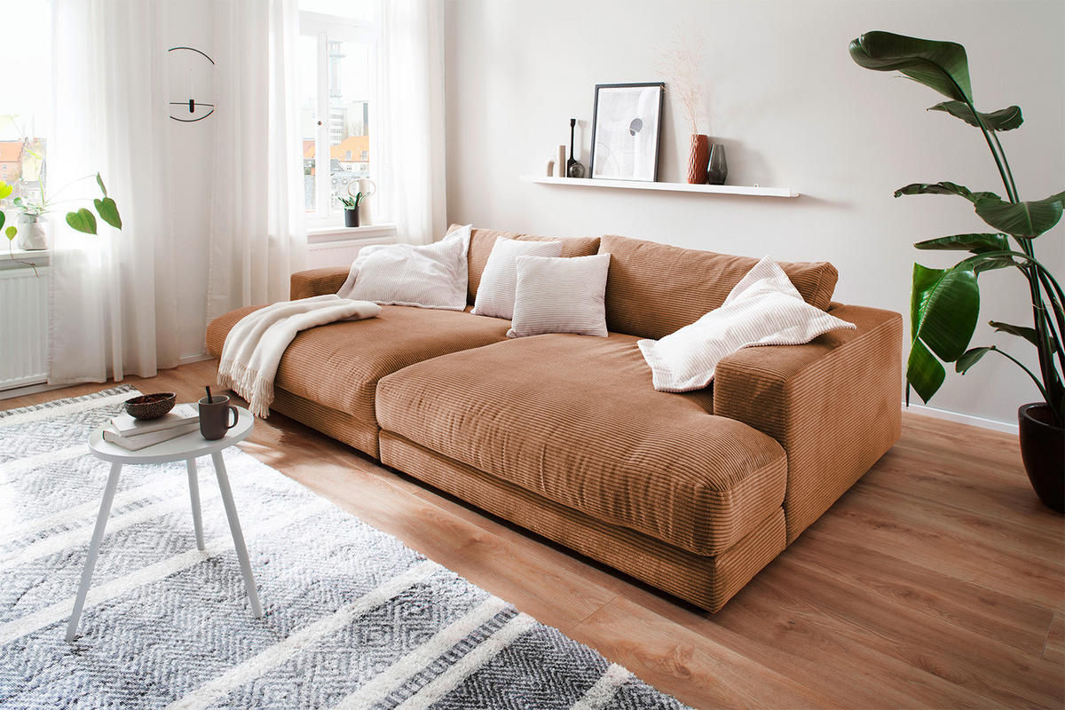 BIG SOFA XL MIT TABLETT SCHWARZ MADELINE Braun Cord - Dunkelbraun/Schwarz, Kunststoff/Textil (290/85/190cm) - KAWOLA