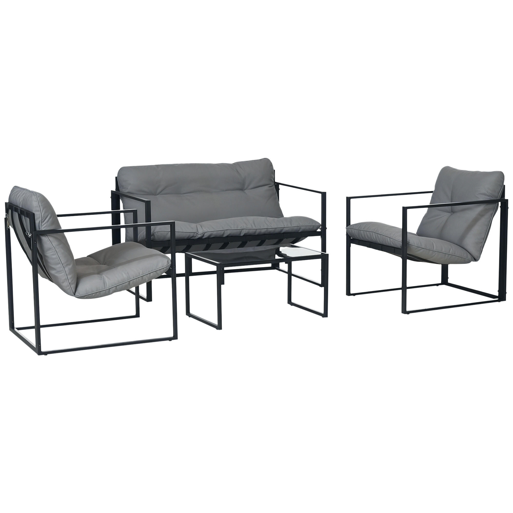 GARTENMÖBEL-SET DE-06529 1 Glastisch, 2 Sessel, 1 Sofa, wetterbeständig Grau+Schwarz - Schwarz/Grau, Textil/Metall - ComfortXL