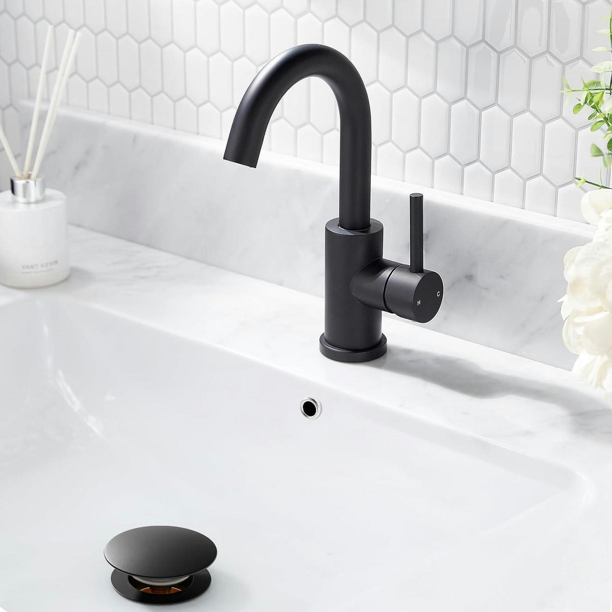 WASCHTISCHARMATUR Hoch Matt-Schwarz mit Ablaufgarnitur 175mm - Schwarz, Metall (15.1/17.5/25cm)