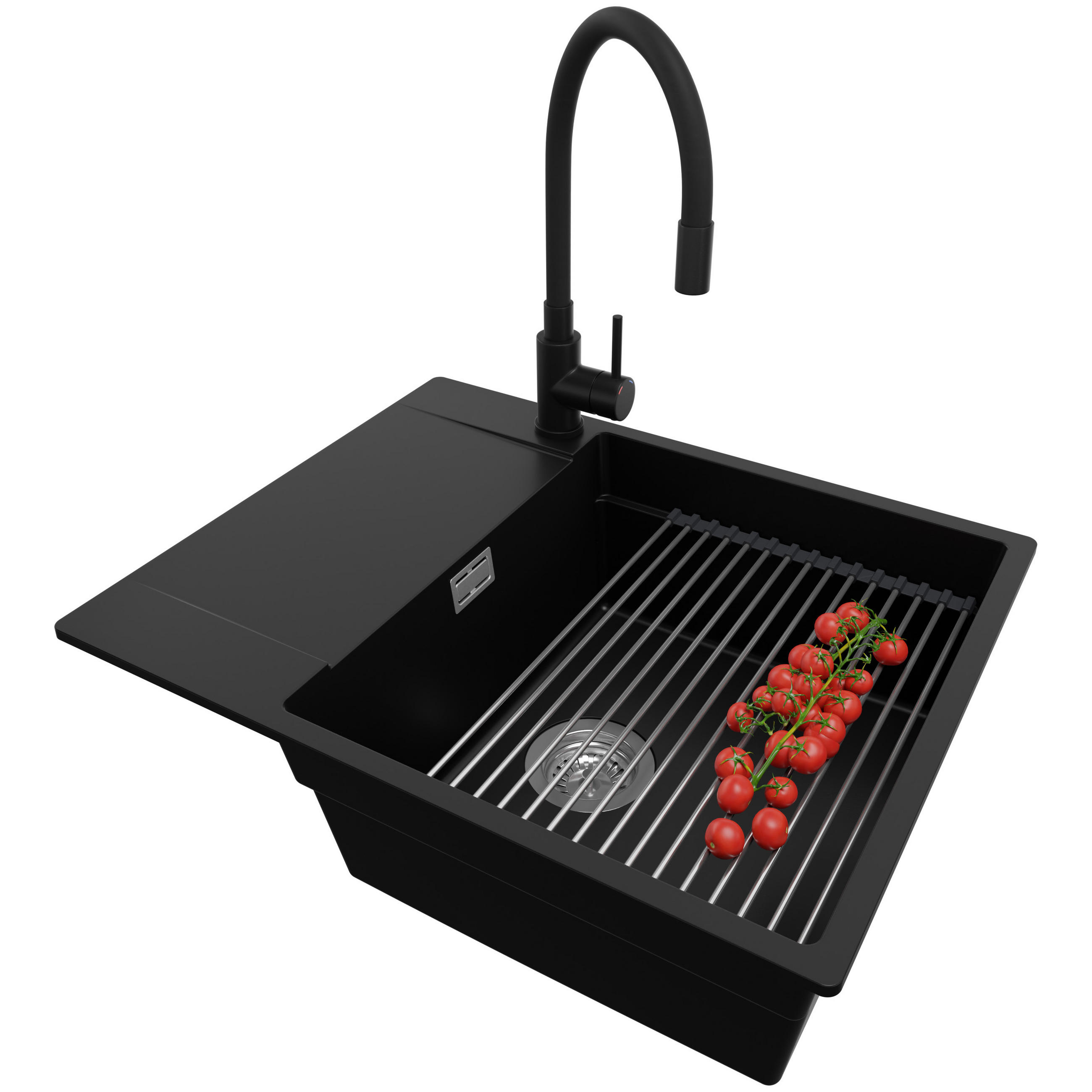 GRANITSPÜLE San Francisco, 2-er set Schwarz 62/50 cm 1 Becken + Küchenarmatur 40/38 cm + Ablauf-Set + Aufrollbare Abtropffläche ab 50er Unterschrank - Chromfarben/Schwarz, Kunststoff (62/20/50cm) - Primagran