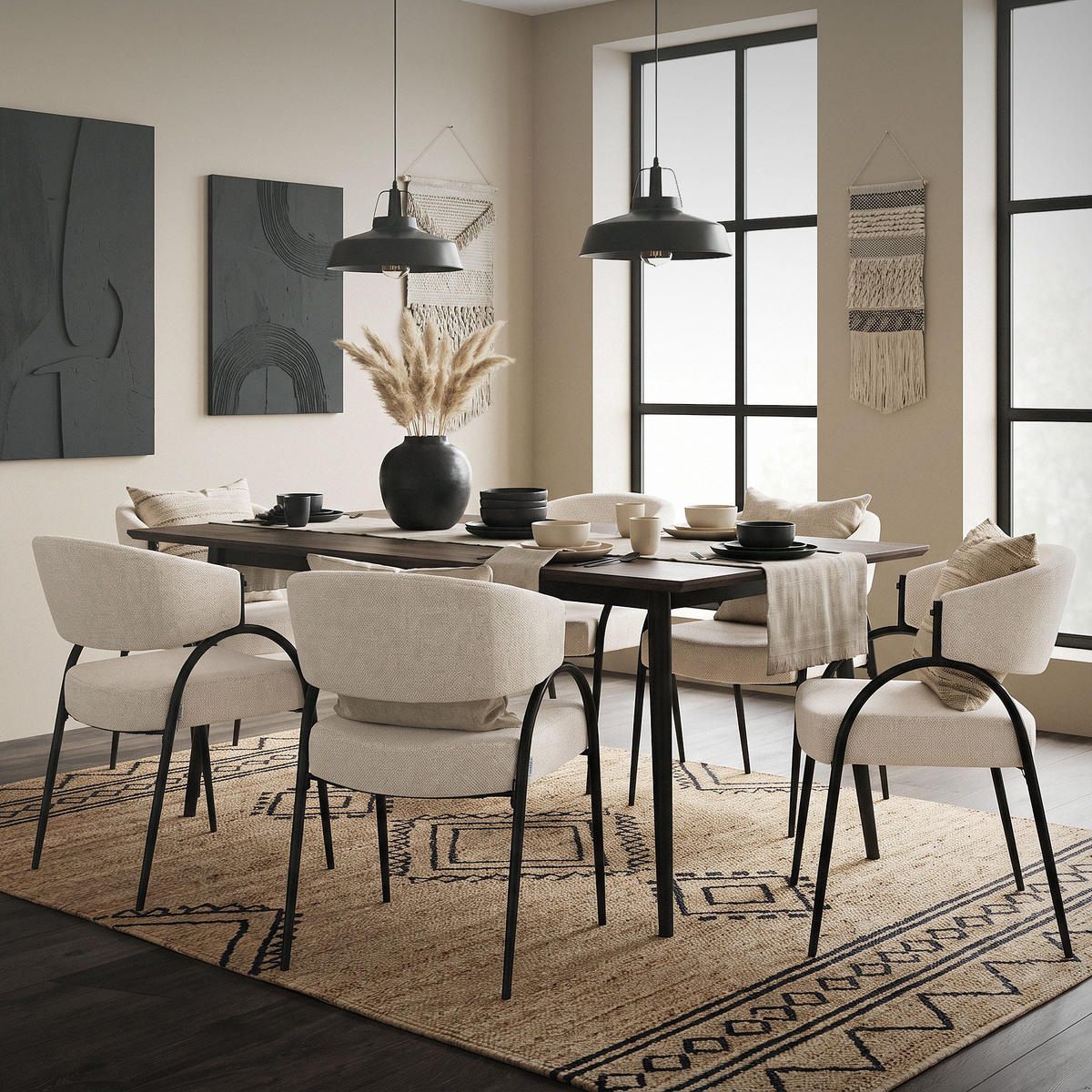 ESSZIMMERSTUHL 2er Set Küchenstühle gepolstert mit Webstoff-Bezug und Arm- und Rückenlehne Beige - Beige/Schwarz, Textil/Metall (54/81/65cm) - ML-DESIGN