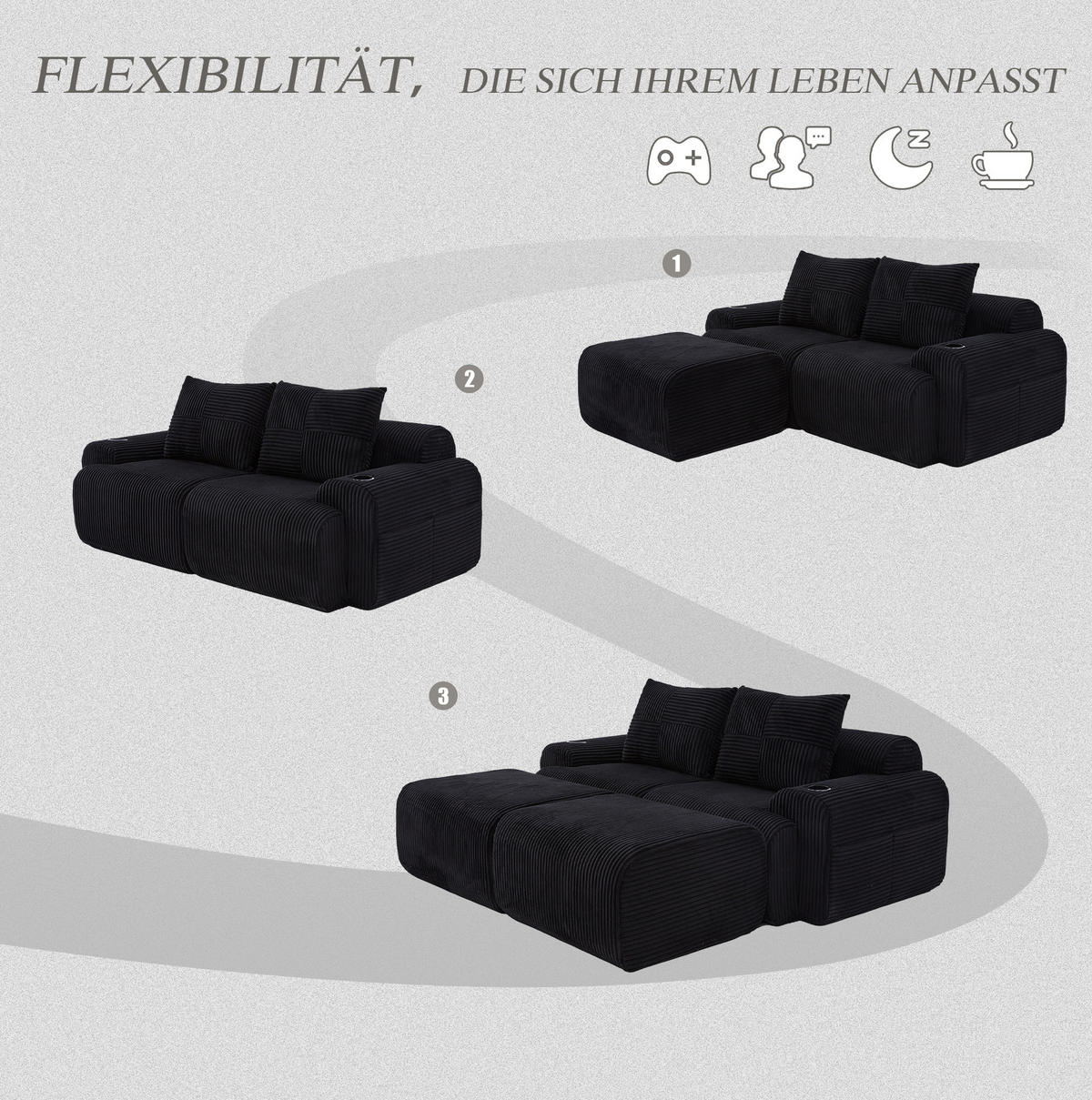 MODULARES 2-Sitzer Sofa Cordstoff mit Getränkehalter und Seitentasche 200/174/80 cm Schwarz - Schwarz, Textil (174/80/200cm) - Redom